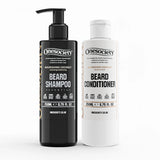 Black and white bottles of Nourishing coconut Onesociety beard shampoo and conditioner on a white background