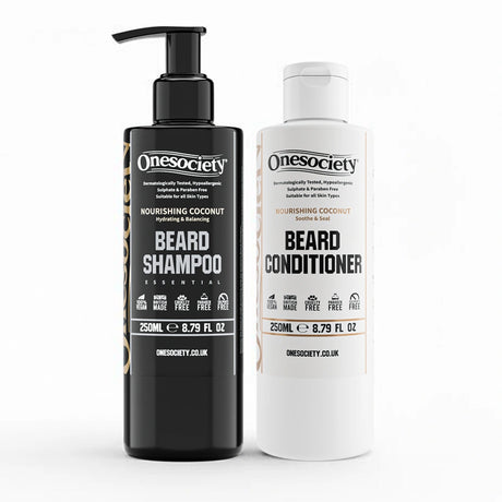 Black and white bottles of Nourishing coconut Onesociety beard shampoo and conditioner on a white background