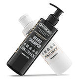 Two bottles of Onesociety Nourishing coconut beard shampoo and beard conditioner crossed over on a white background