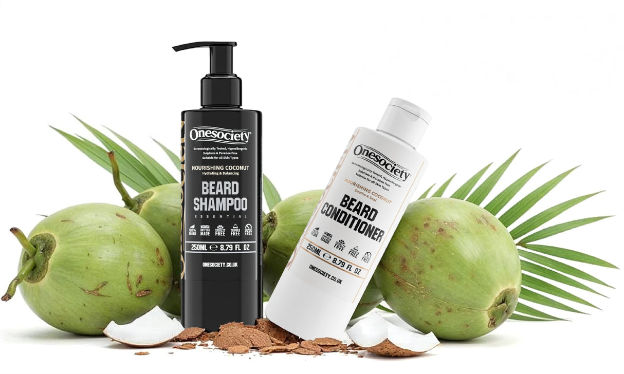 Onesociety beard shampoo and conditioner with coconuts and palm leaves on a white background