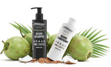 Onesociety beard shampoo and conditioner with coconuts and palm leaves on a white background