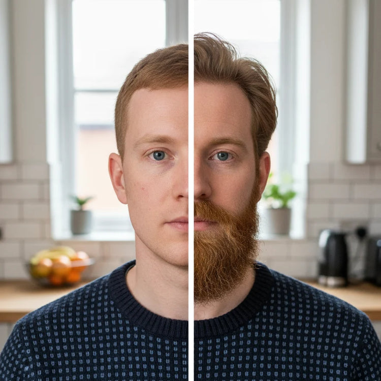 Man with a beard split in two, one side with close-up of face and the other with full view in a kitchen.