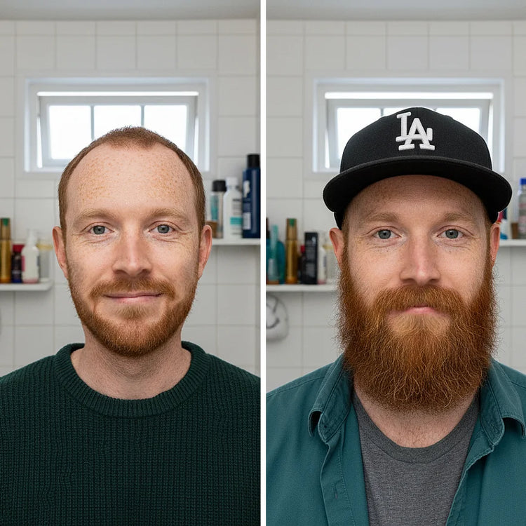 Side-by-side comparison of a man with a beard wearing different outfits in a bathroom setting.