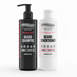 Two bottles of Onesociety grapefruit and aloe vera beard shampoo and beard conditioner on a white background
