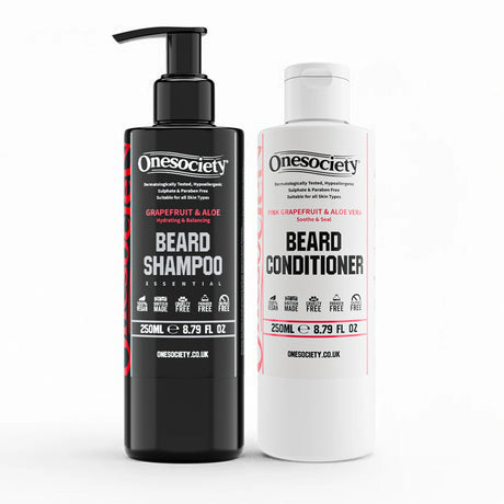Two bottles of Onesociety grapefruit and aloe vera beard shampoo and beard conditioner on a white background