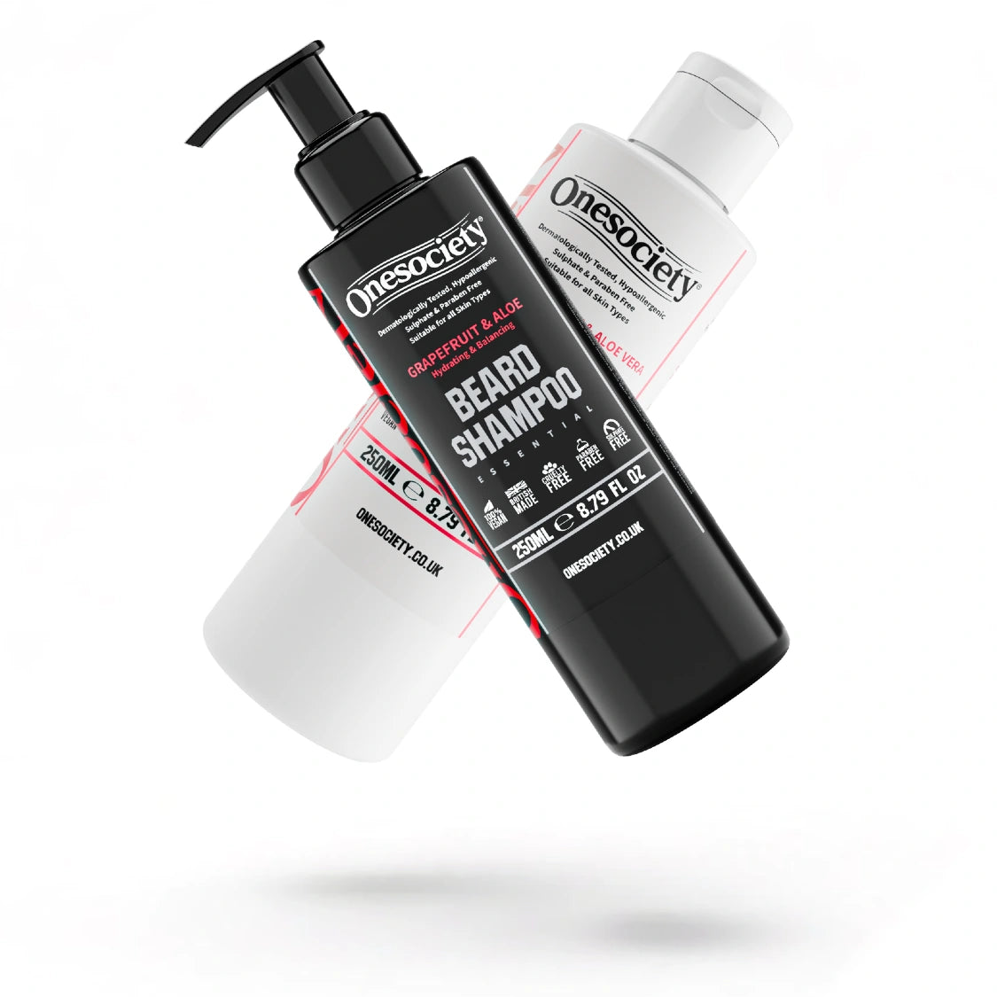 Two bottles of Onesociety pink grapefruit and aloe vera beard conditioner and beard shampoo on a white background