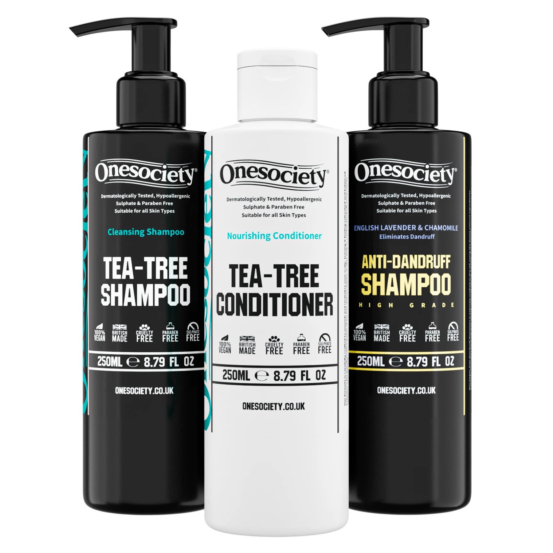 Onesociety Hair Repair Bundle - SLS-Free Anti-Dandruff Shampoo, Tea Tree Shampoo, and Conditioner - Made in the UK by One Society Men's Grooming Products