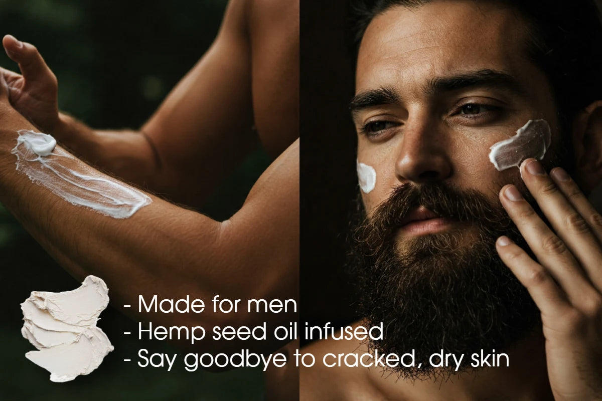 man using hemp skin cream by one society to get soft and healthier skin