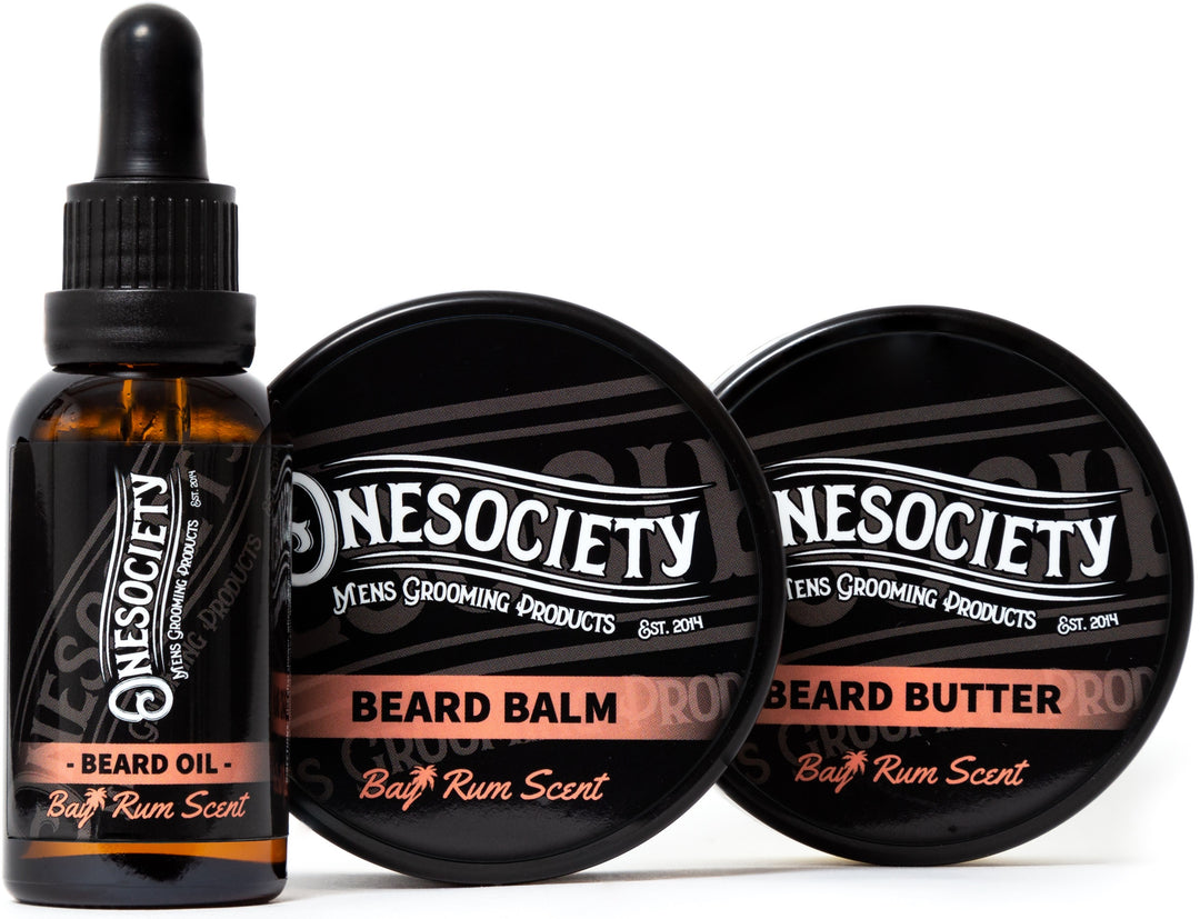 Beard kit, beard growth care kit, beard oil, beard balm, beard butter, mens grooming products, onesociety, one society, beard products, beard products for men with dry skin, flaky beard hair products.