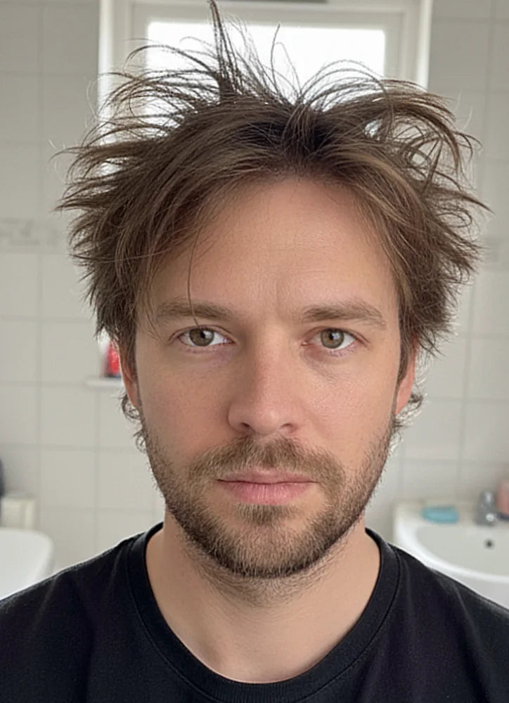 Man with messy hair and beard in a bathroom setting