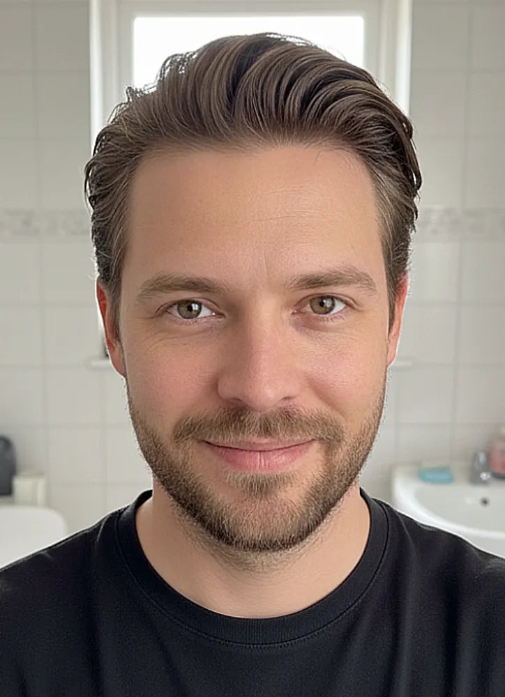 Man with a beard and styled hair in a neutral indoor setting