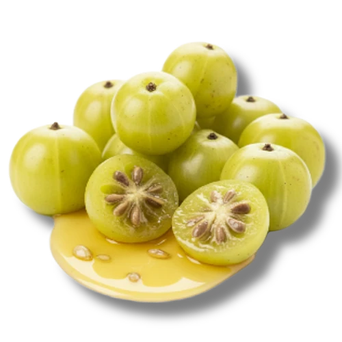 Green amla fruit with oil coming out, on a white background