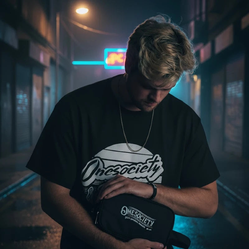Person wearing a black 'Onesociety' t-shirt and holding a matching bag in a neon-lit alley.
