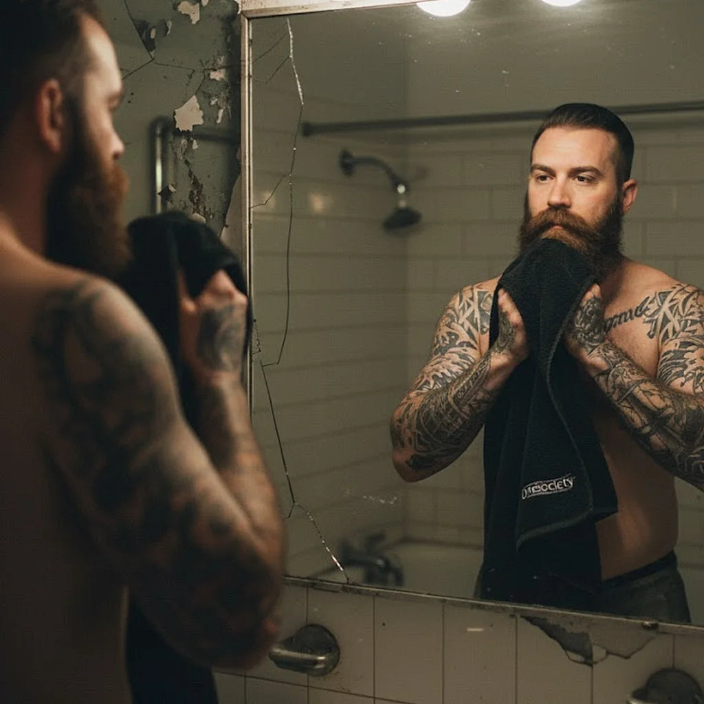 Man with tattoos drying his beard with a one society beard towel