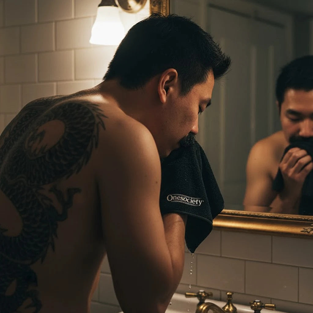 Man with tattoos looking at himself in the mirror in a bathroom while cleaning his face with a one society face flannel