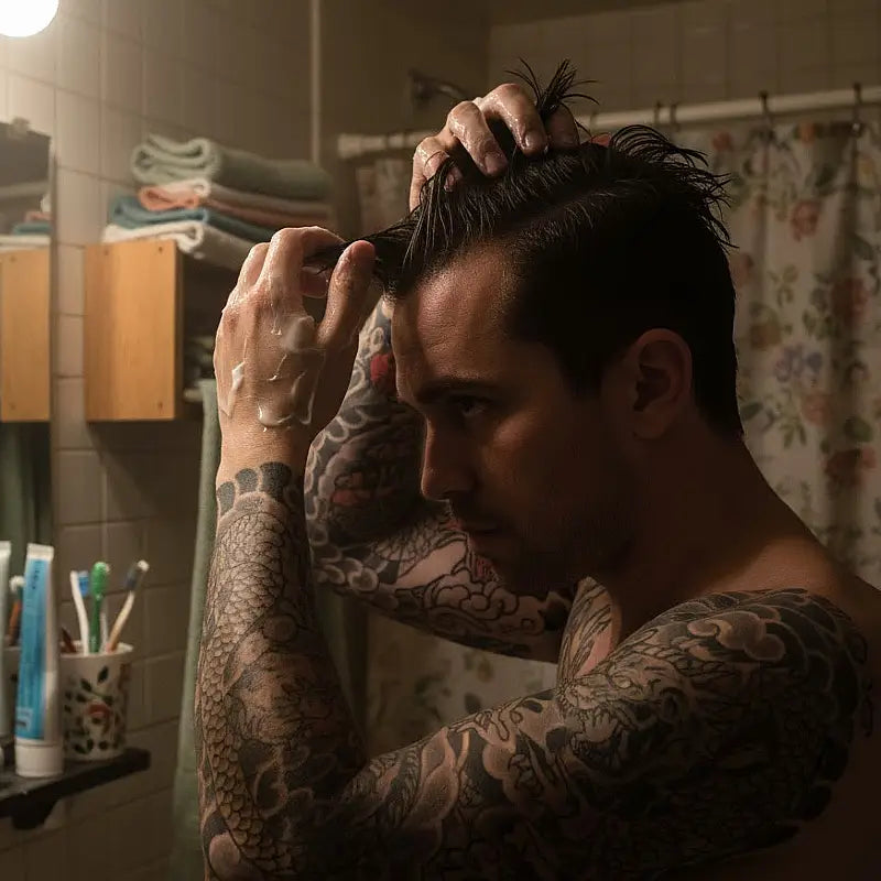 Man with tattoos applying spiker to his hair in a bathroom.