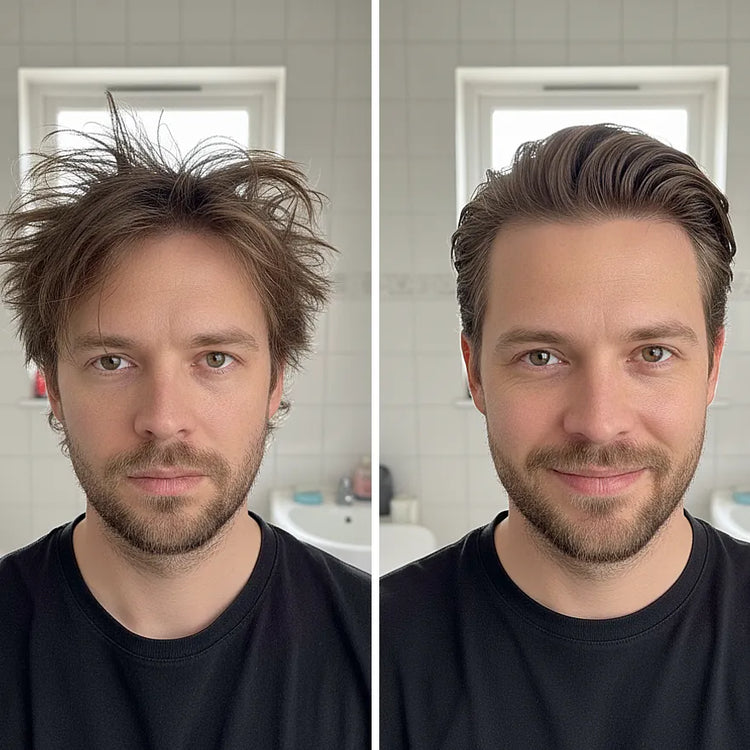 Before and after comparison of a man with styled hair in a bathroom setting.