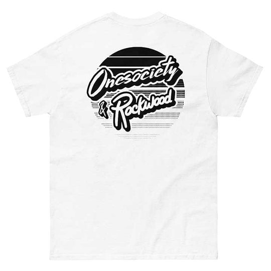 Rockwood and One Society Collaboration T-Shirt - White with Black Cool Print - Made in the UK - Cotton. Onesociety White Men's Trending T-Shirt. Skate T-Shirt.