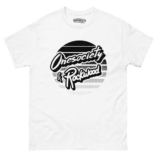 White Rockwood and One Society Collaboration T-Shirt - Featuring a Black Cool Print - Made with Cotton in the UK. Onesociety White Gym T-Shirt.