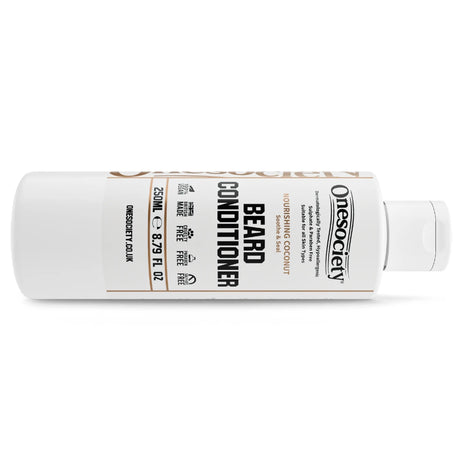 Onesociety nourishing coconut beard conditioner bottle laying down on a white background