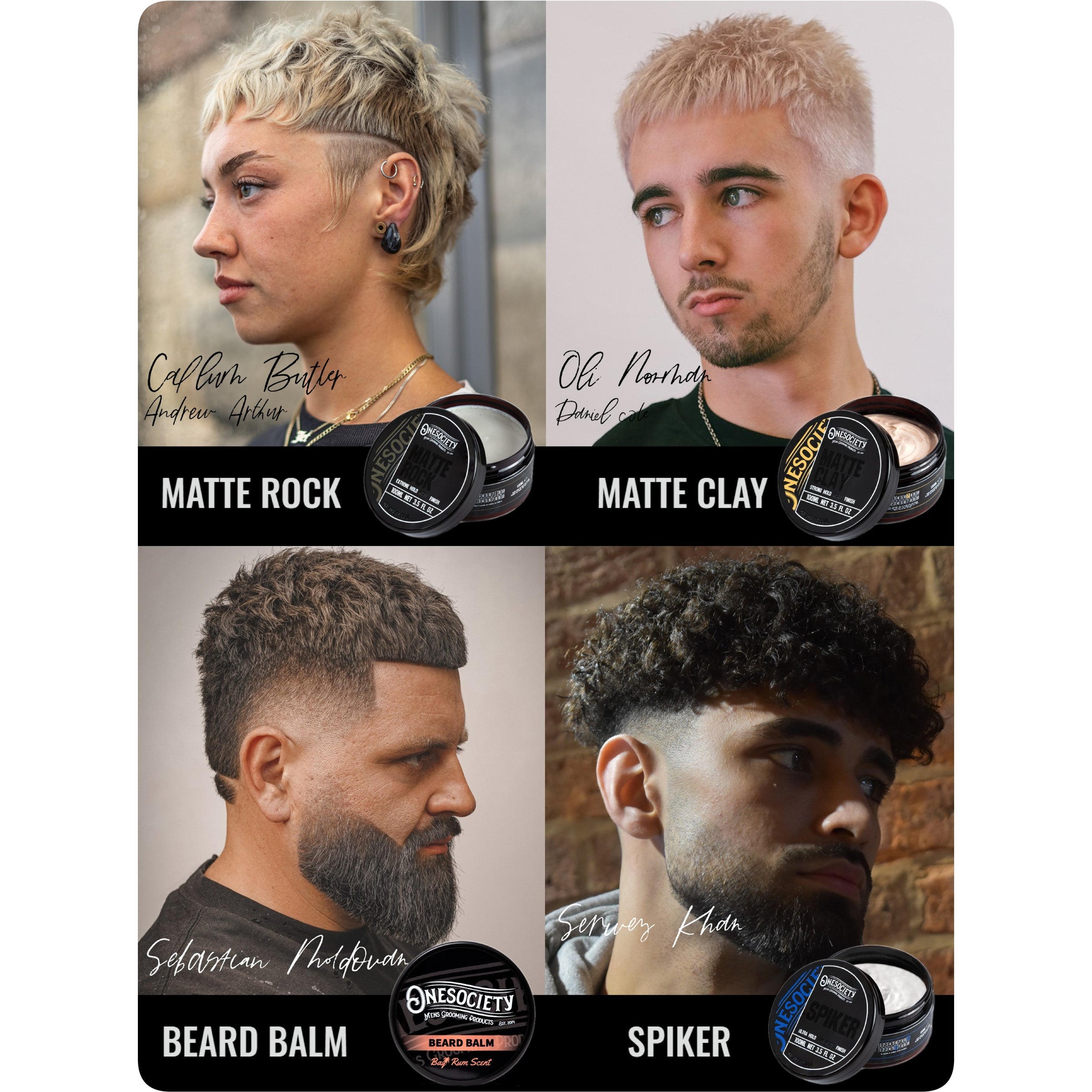 One society style guide. Onesociety matte rock, matte clay, Spiker and Beard balm. Hastings barbershop. East Sussex barber. The gym group barbers