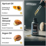 Onesociety beard oil bottle with dropper and oil types listed on the left.