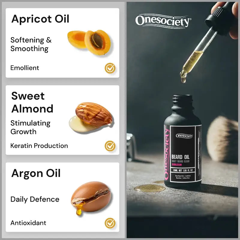 Onesociety beard oil bottle with dropper and oil types on a gray background