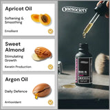 Onesociety beard oil bottle with dropper and oil types on a gray background