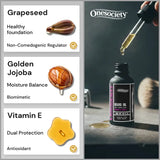 Onesociety beard oil bottle with dropper and ingredient benefits on a gray background