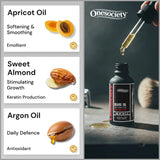 Onesociety beard oil product with dropper and oil types listed on the left.