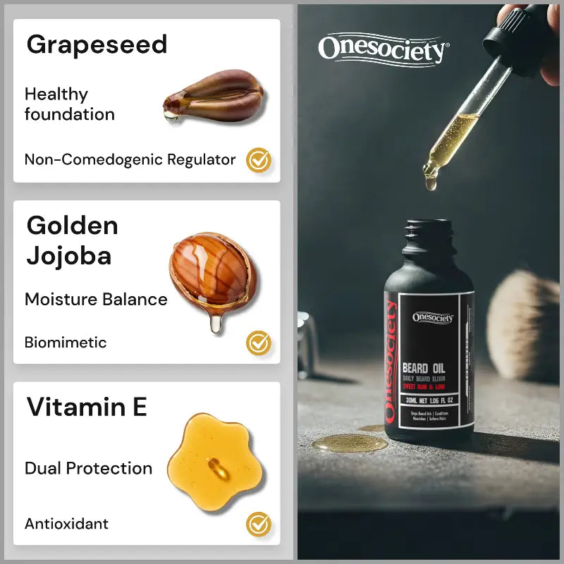 Onesociety beard oil bottle with dropper and ingredient benefits on a dark background