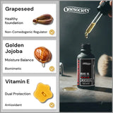 Onesociety beard oil bottle with dropper and ingredient benefits on a dark background