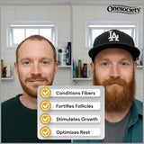 Two men with beards side by side, with a list of hair care benefits or using beard butter and beard oil