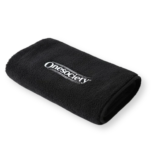 Black towel with 'Onesociety' logo on a white background