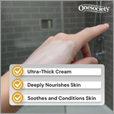 One society hemp cream on mans hand to show how it works with 3 claims saying how good to skin cream is