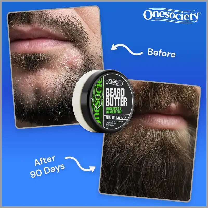 Beard butter container with 'Onesociety' branding, showing a comparison of beard growth before and after 90 days.