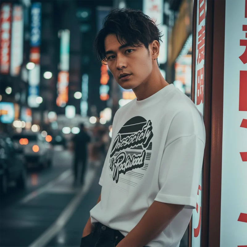 Man wearing a white t-shirt with text in an urban setting