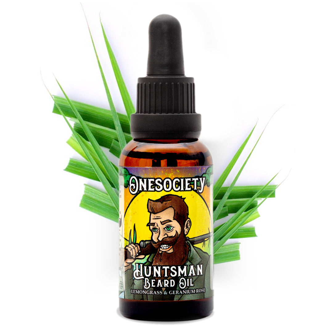 Huntsman Beard Oil made by small UK Brand One Society. Lemongrass and Rose scent.