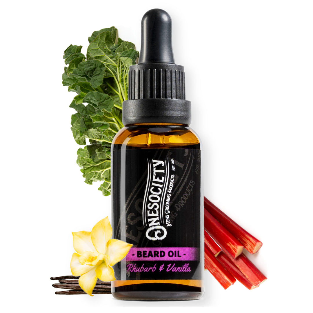 One society rhubarb and vanilla beard oil that smell nice and sweet for men.