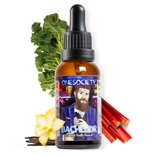 Onesociety bachelor beard oil smelling of sweet manly rhubarb and vanilla