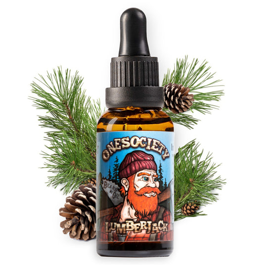 one society lumberjack beard oil. Pine and woody outdoorsman scent.
