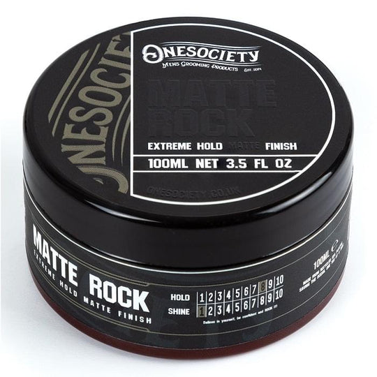 Onesociety Men's Matte Rock - Premium Water-Based Hair Styling Product with Strong Hold - Made in the UK by One Society Men's Grooming Products. Matte finish.