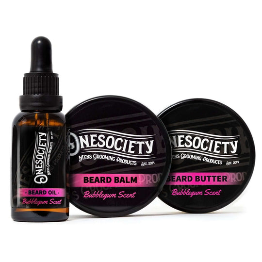 Beard oil, beard balm and beard butter making up the one society bubblegum beard kit.