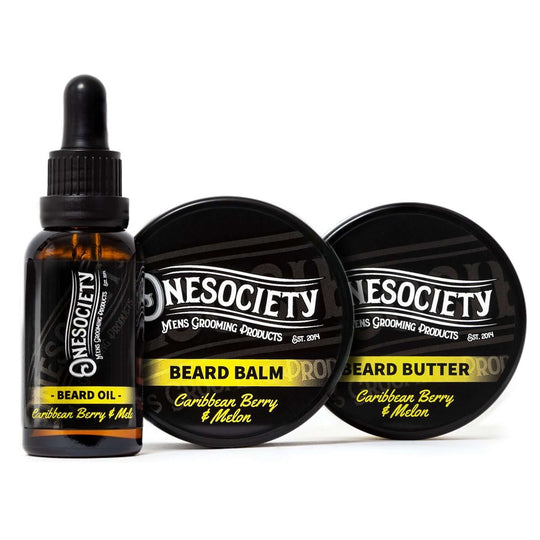 Beard oil, beard balm and beard butter making up the one society Caribbean berry and melon beard kit.