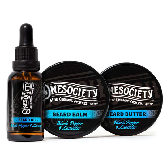 Beard oil, beard balm and beard butter making up the one society Black pepper, lavender, rosemary and cinnamon beard kit.