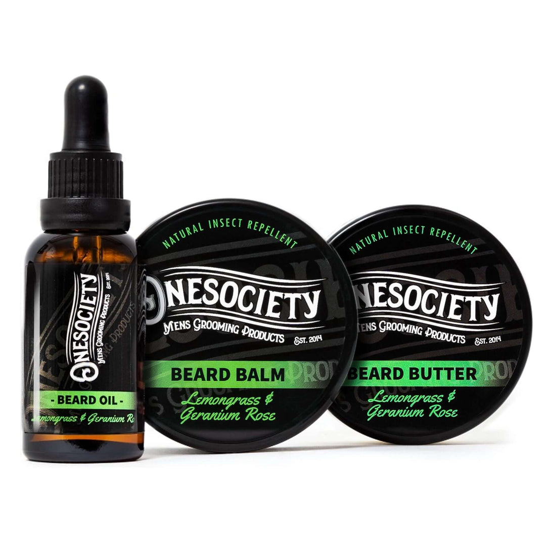 Beard oil, beard balm and beard butter making up the one society Lemongrass and rose beard kit.