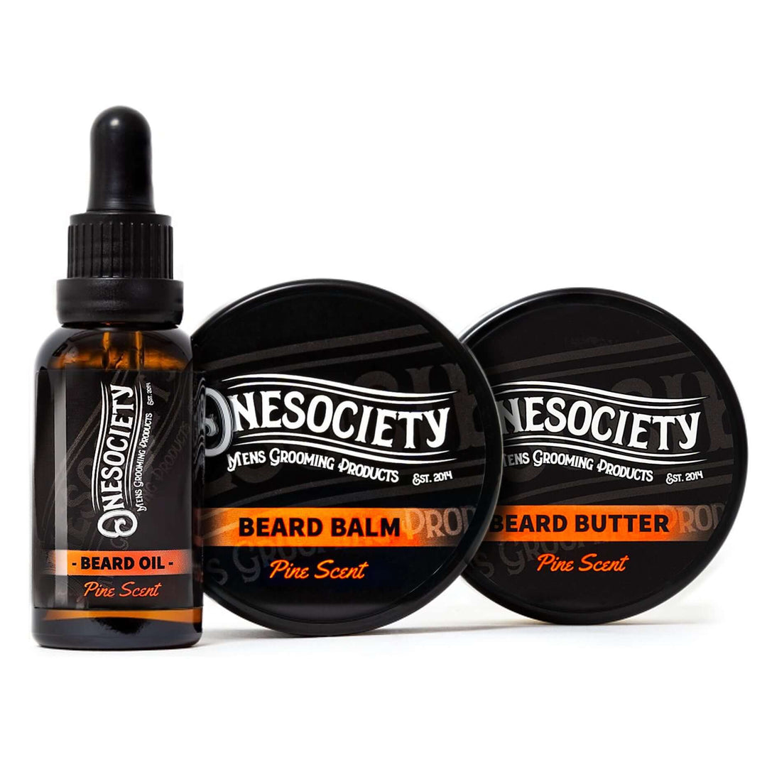 Beard oil, beard balm and beard butter making up the one society Pine beard kit.