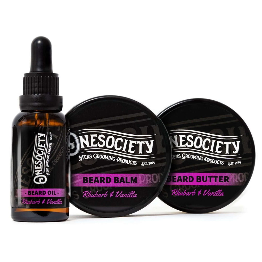 One society beard kit Rhubarb and Vanilla. The best beard grooming kit made in the UK.