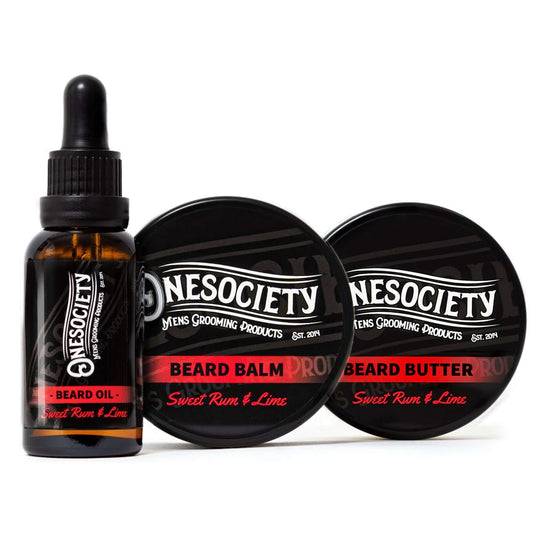 Beard oil, beard balm and beard butter making up the one society Sweet rum and lime beard kit.