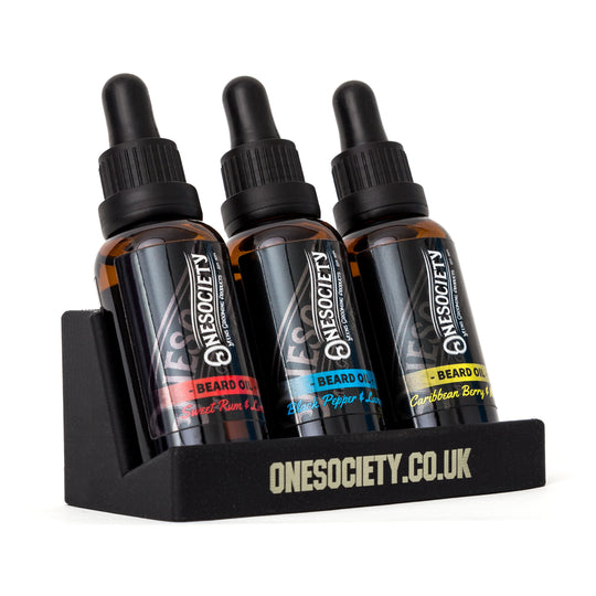 One society men's grooming products 3 slot beard oil holder for rookies, Sweet rum and Lime, Black Pepper and lavender and Caribbean berry and Melon. Beard Oil Holder | Beard Bottle Display Stand | Made In UK | 3 Slots. Made by Onesociety.